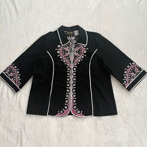 BOB MACKIE Wearable Art Embroidered Jacket Womens Size XL Black Cut Out Detail